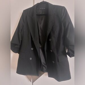 Zara $129 Double Breasted Pinstripe Jacket Blazer 7955/646 with ruched sleeves